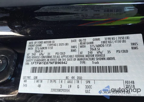 2022 Ford F-150 King Ranch/Lariat/Limited/Platinum/Tremor/Xl/Xlt z USA, uszkodzony, nr VIN 1FTFW1E87NFB96942